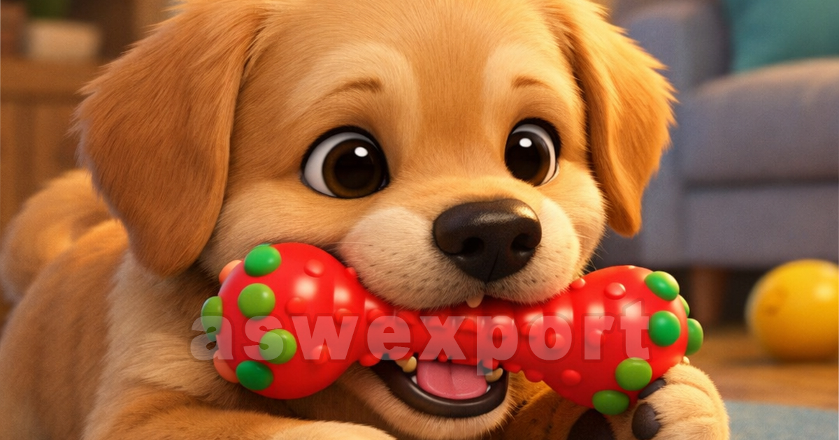 Cute puppy chewing colorful rubber dog toy for teething and playtime indoors