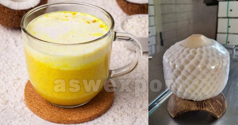 Turmeric coconut milk drink known as golden milk served in a glass mug