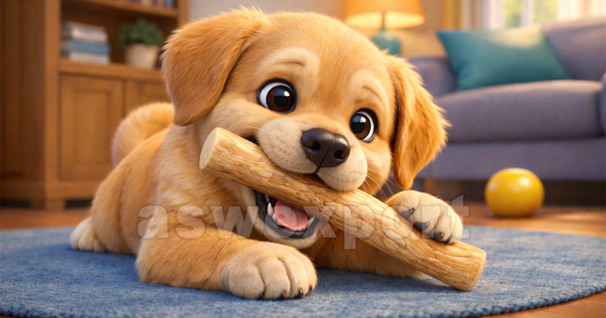 Happy puppy chewing natural coffee wood dog chew for dental health and boredom relief