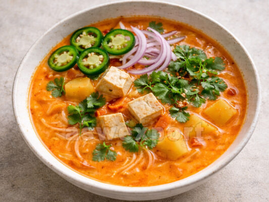 Spicy coconut tofu noodle soup with jalapeño, red onion, cilantro, and potatoes in a ceramic bowl